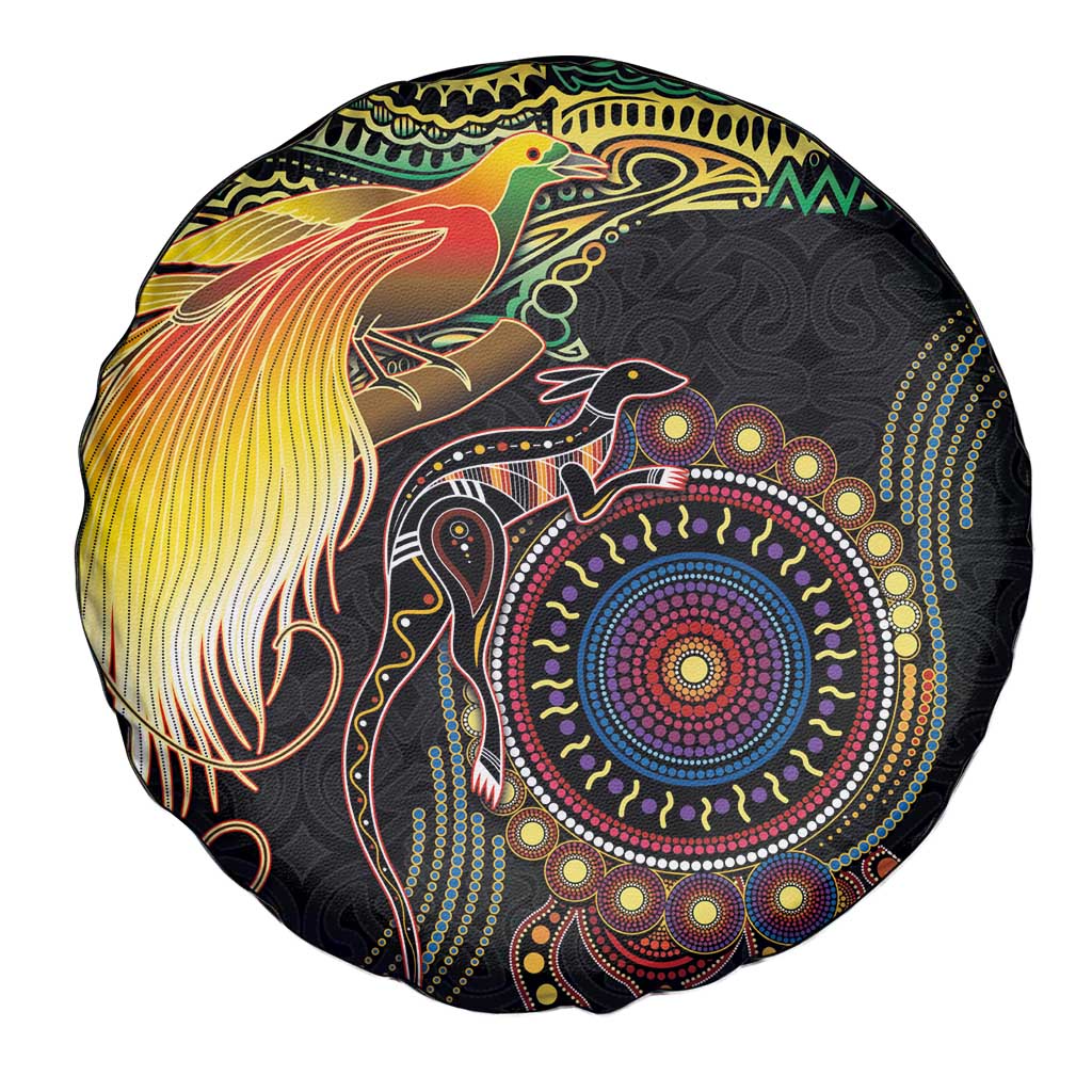 Papua New Guinea and Australia Together Spare Tire Cover Bird of Paradise and Kangaroo Melanesian Aboriginal Motifs LT03 - Polynesian Pride