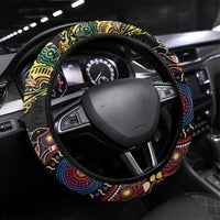 Papua New Guinea and Australia Together Steering Wheel Cover Bird of Paradise and Kangaroo Melanesian Aboriginal Motifs LT03 Universal Fit Black - Polynesian Pride