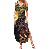 Papua New Guinea and Australia Together Summer Maxi Dress Bird of Paradise and Kangaroo Melanesian Aboriginal Motifs LT03 Women Black - Polynesian Pride