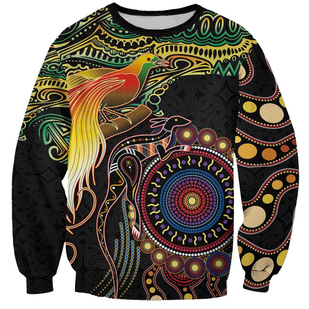 Papua New Guinea and Australia Together Sweatshirt Bird of Paradise and Kangaroo Melanesian Aboriginal Motifs - Polynesian Pride