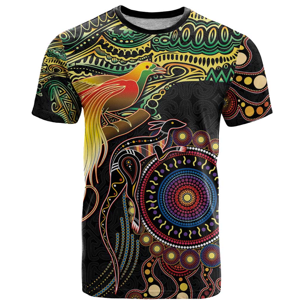 Papua New Guinea and Australia Together T Shirt Bird of Paradise and Kangaroo Melanesian Aboriginal Motifs - Polynesian Pride