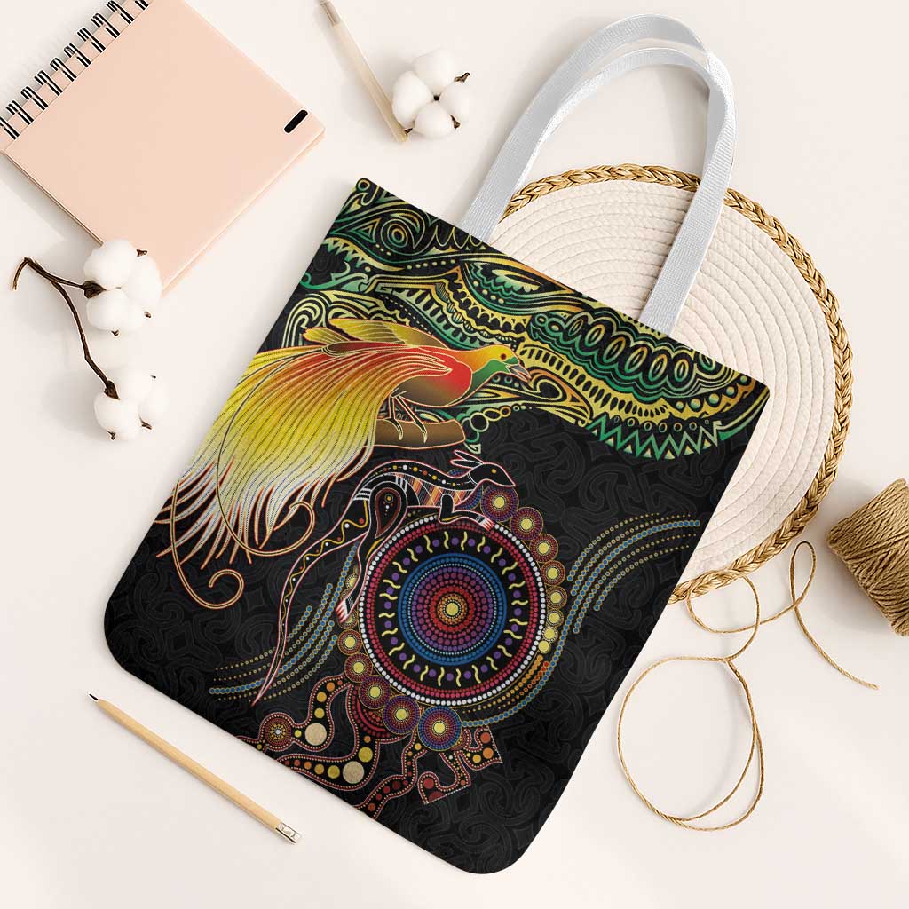 Papua New Guinea and Australia Together Tote Bag Bird of Paradise and Kangaroo Melanesian Aboriginal Motifs LT03 White Strap One Size Black - Polynesian Pride
