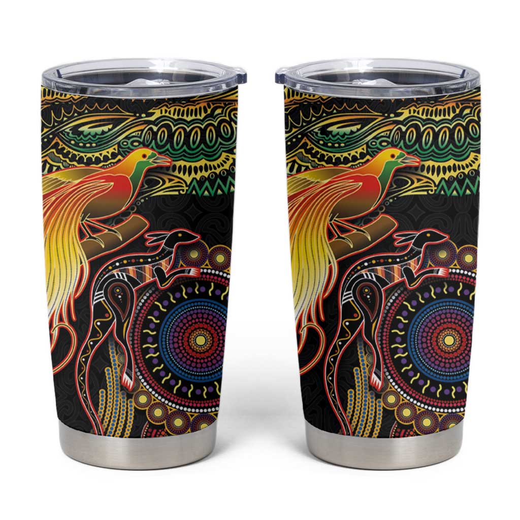 Papua New Guinea and Australia Together Tumbler Cup Bird of Paradise and Kangaroo Melanesian Aboriginal Motifs LT03 Black - Polynesian Pride