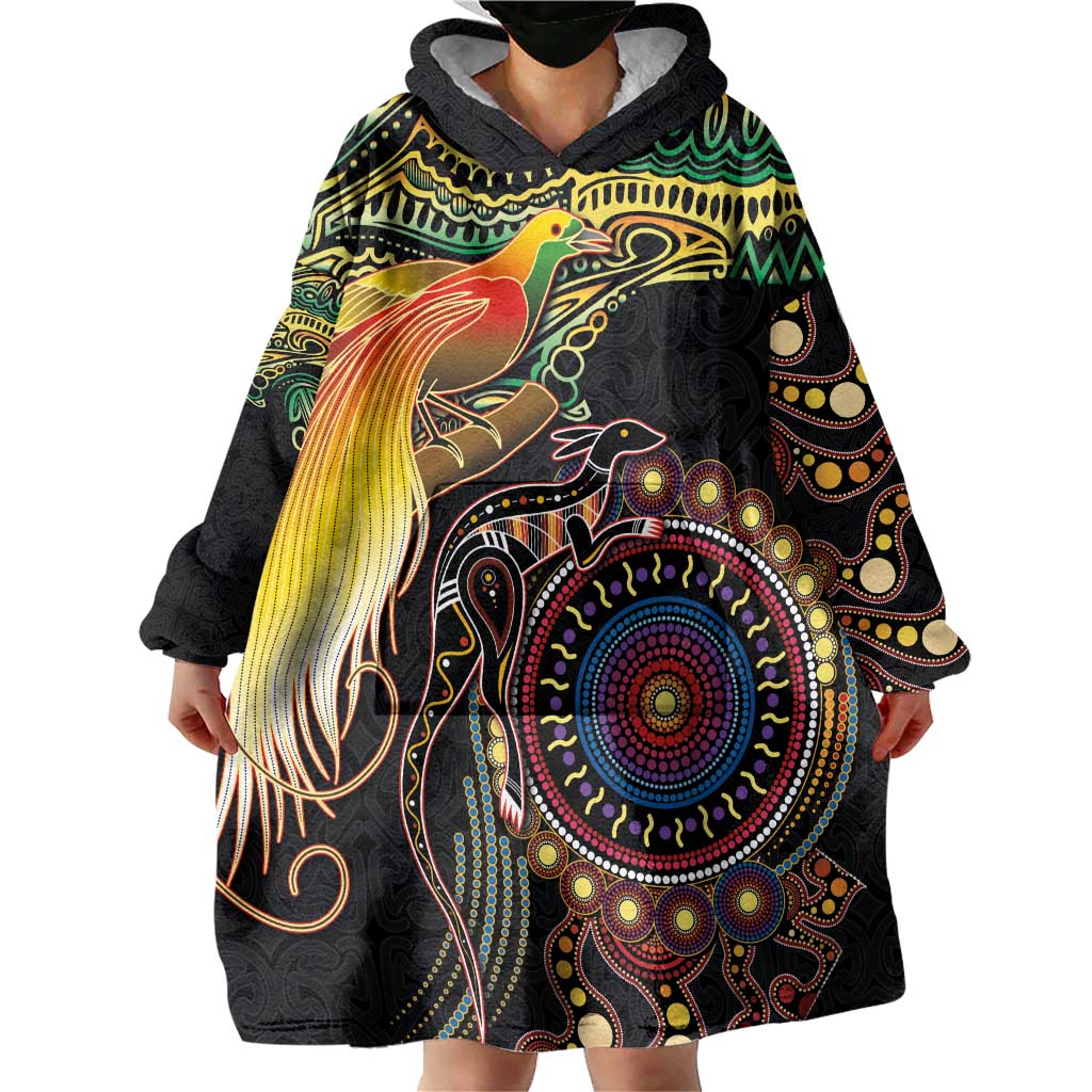 Papua New Guinea and Australia Together Wearable Blanket Hoodie Bird of Paradise and Kangaroo Melanesian Aboriginal Motifs LT03 - Polynesian Pride