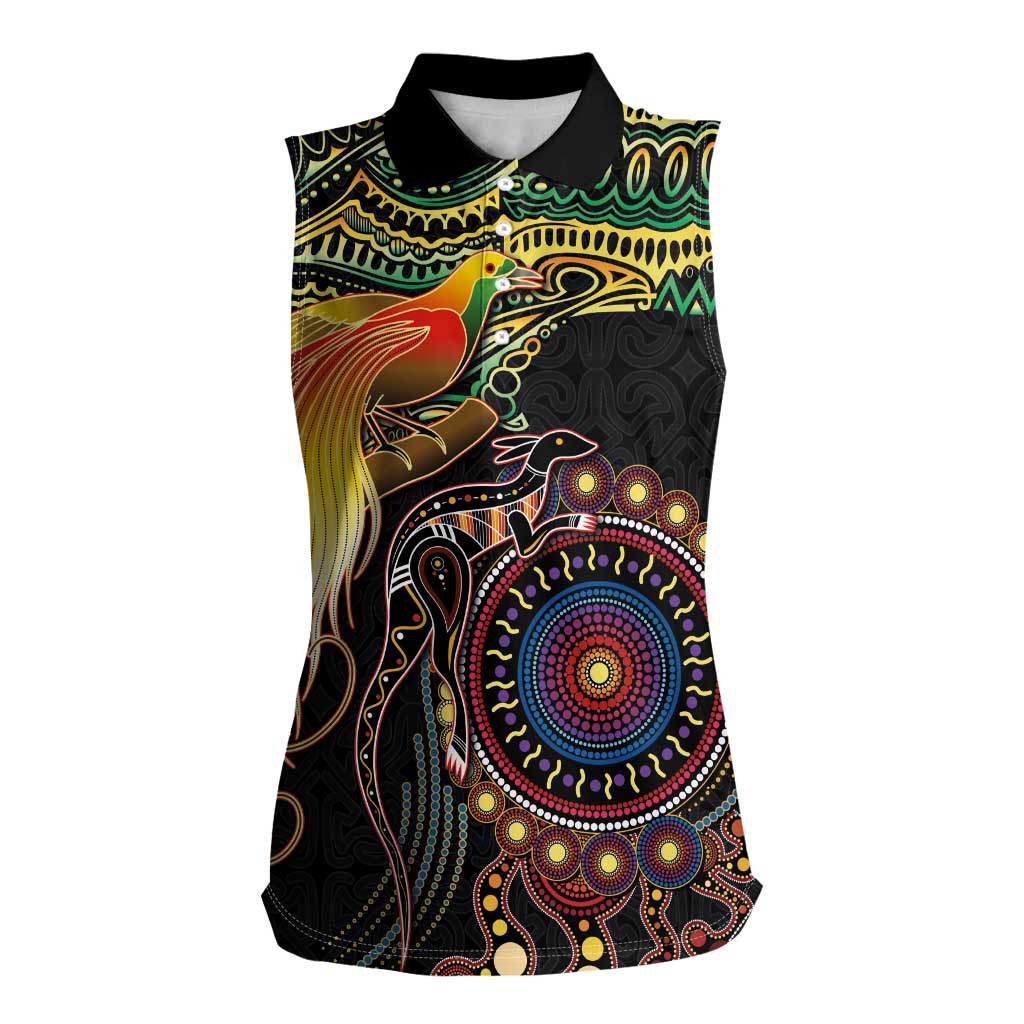 Papua New Guinea and Australia Together Women Sleeveless Polo Shirt Bird of Paradise and Kangaroo Melanesian Aboriginal Motifs - Polynesian Pride