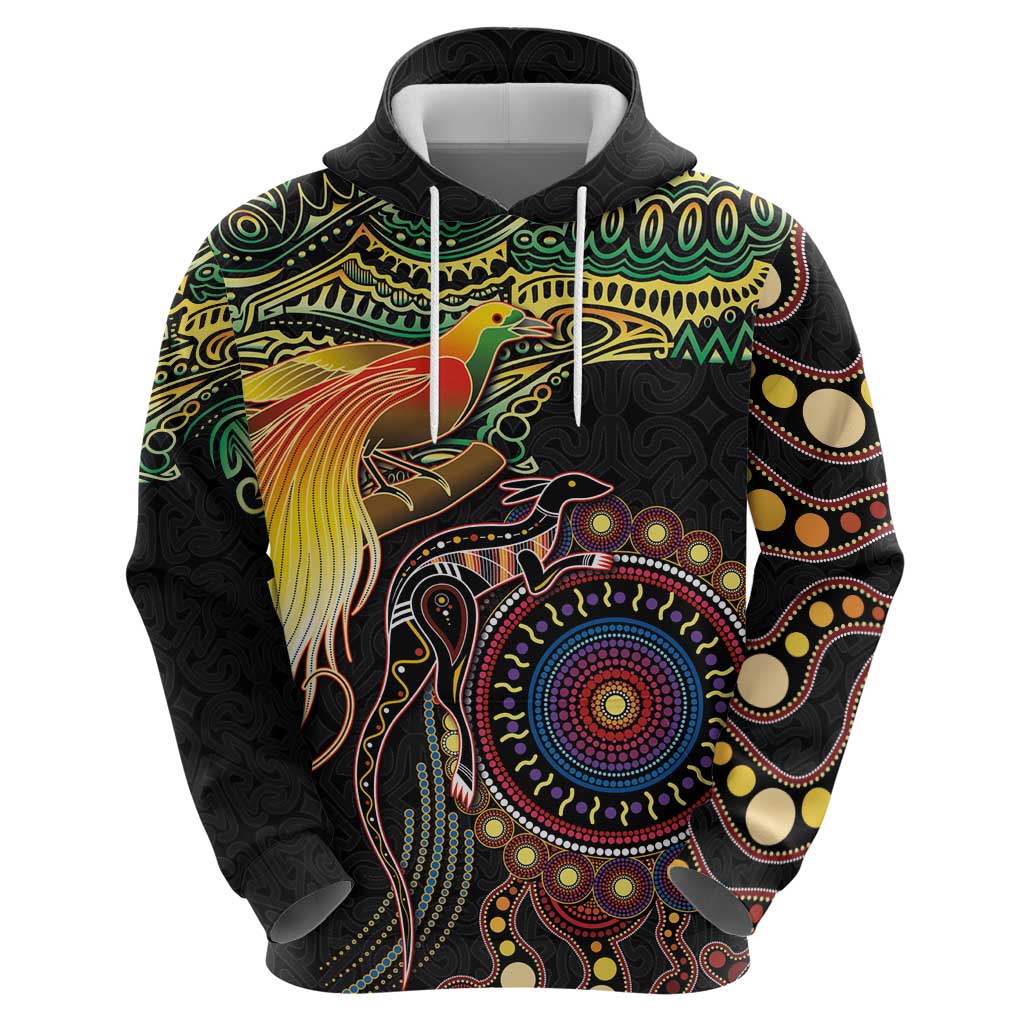 Papua New Guinea and Australia Together Zip Hoodie Bird of Paradise and Kangaroo Melanesian Aboriginal Motifs LT03 - Polynesian Pride