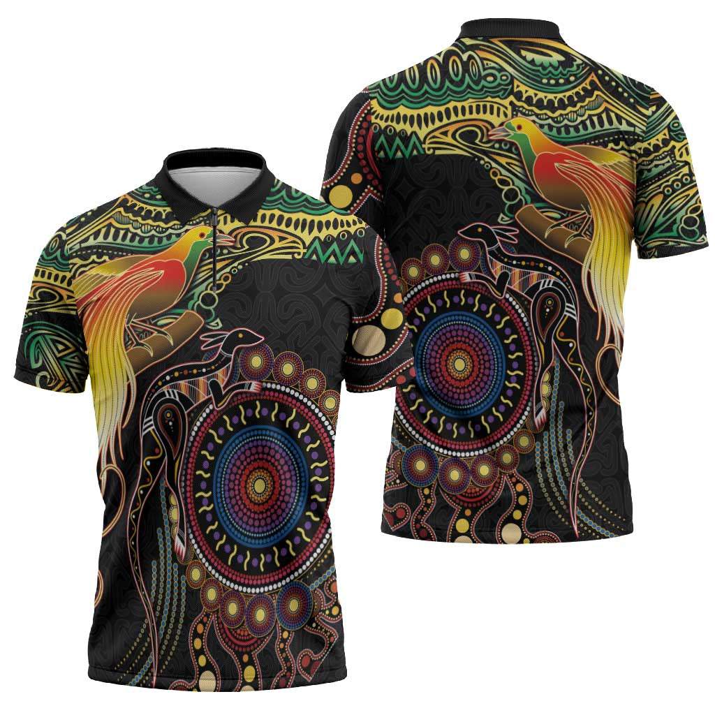 Papua New Guinea and Australia Together Zipper Polo Shirt Bird of Paradise and Kangaroo Melanesian Aboriginal Motifs - Polynesian Pride
