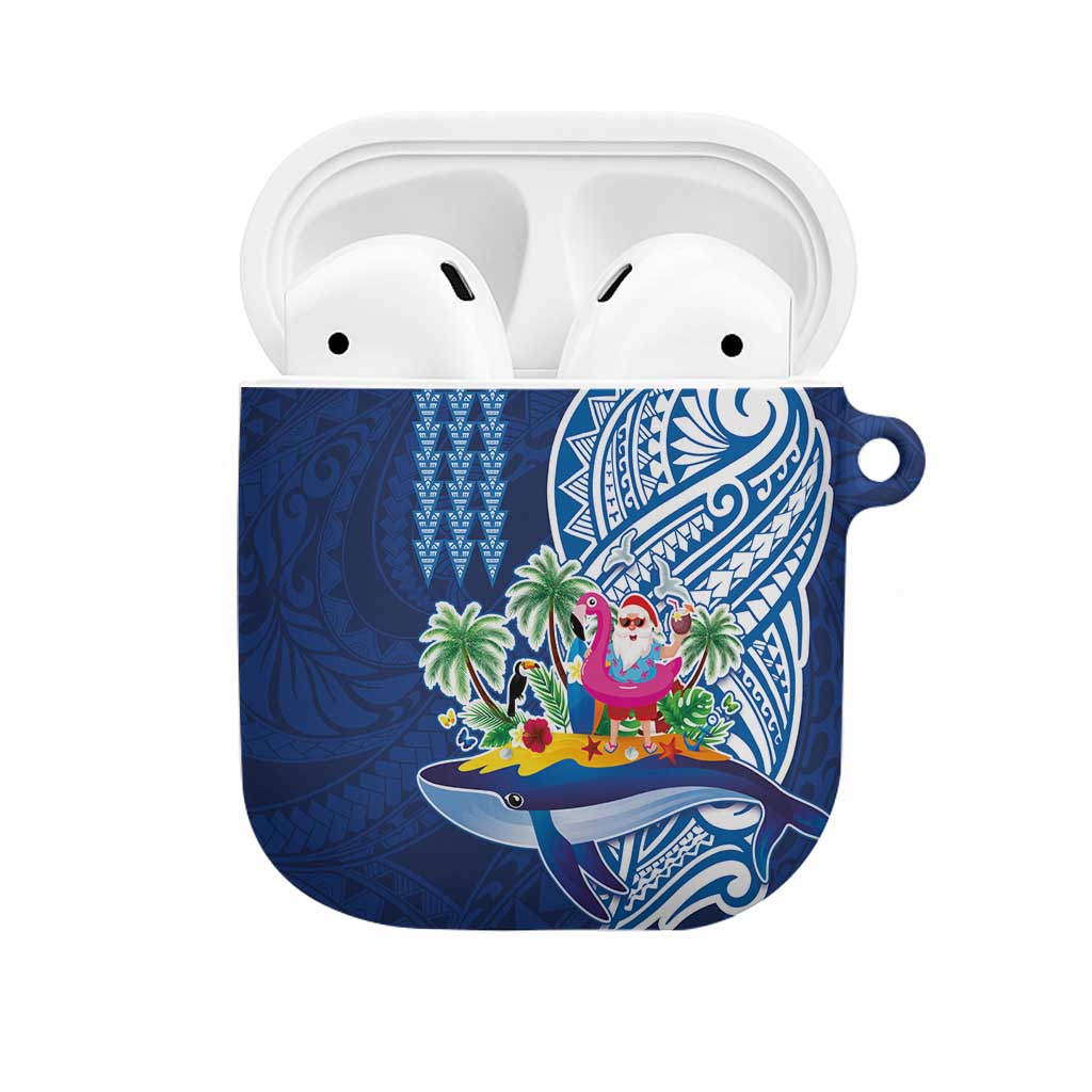 Hawaiian Mele Kalikimaka AirPods Case Funny Santa on Whale Island with Kakau Tattoos LT03 Blue - Polynesian Pride