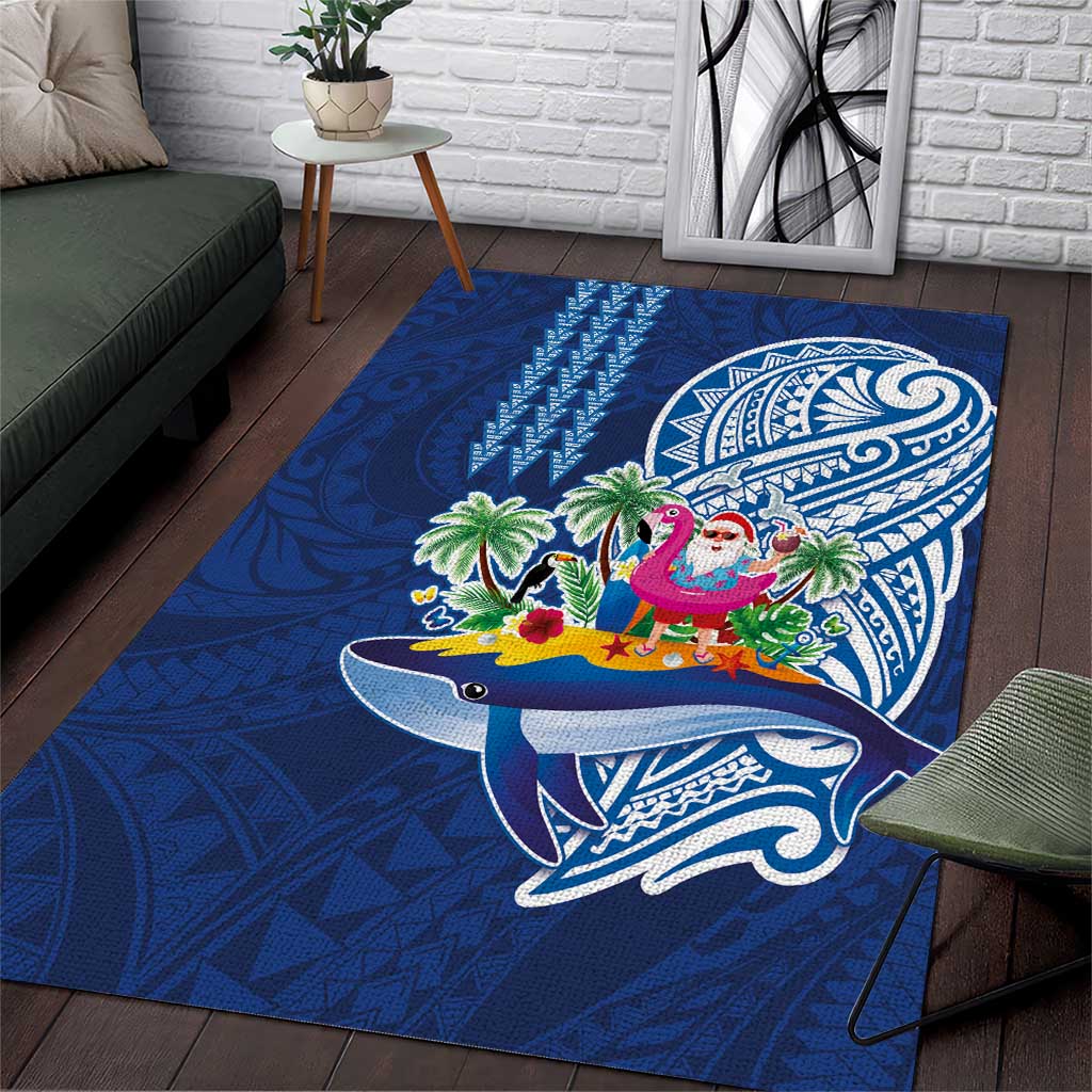 Hawaiian Mele Kalikimaka Area Rug Funny Santa on Whale Island with Kakau Tattoos LT03 Blue - Polynesian Pride