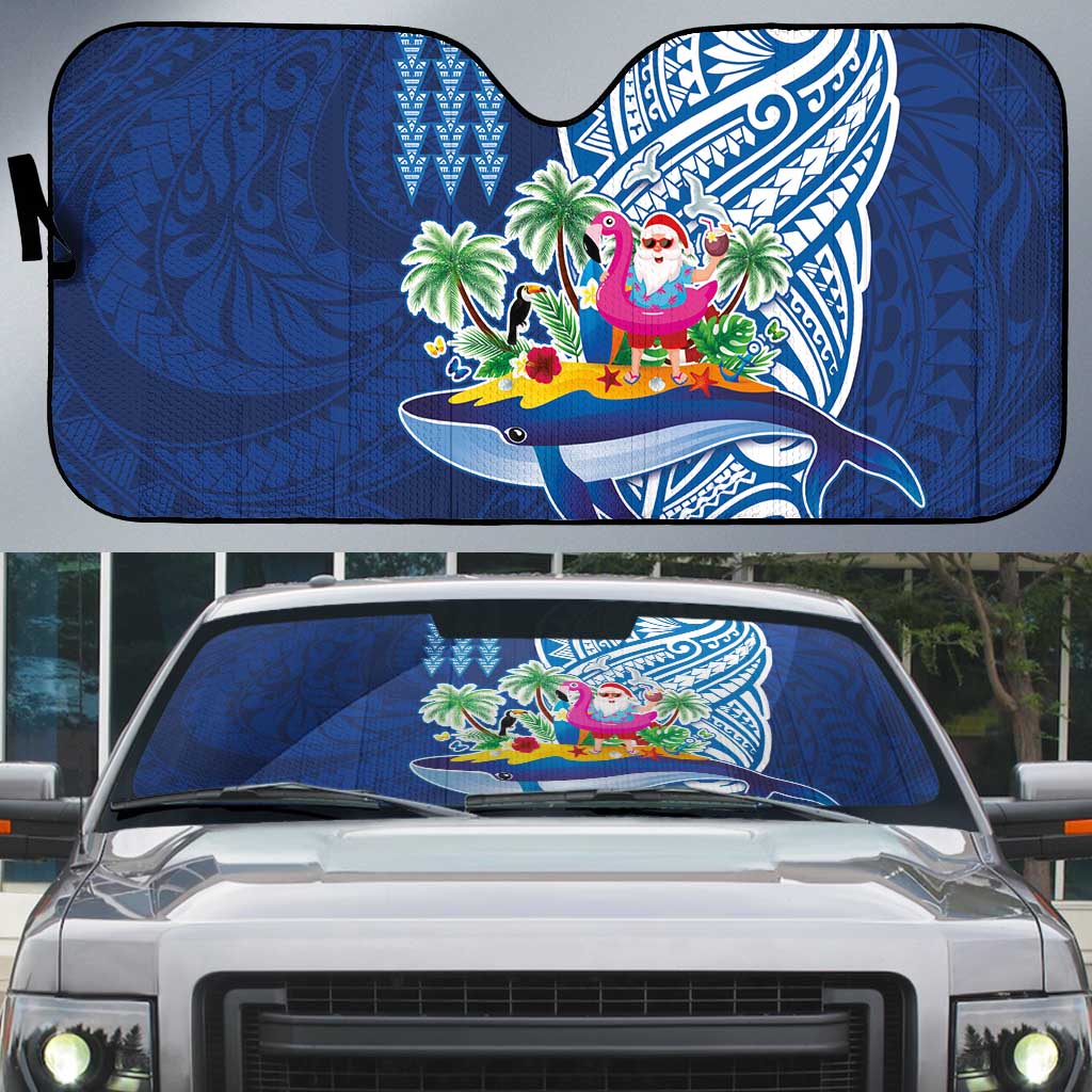 Hawaiian Mele Kalikimaka Auto Sun Shade Funny Santa on Whale Island with Kakau Tattoos LT03 Blue - Polynesian Pride