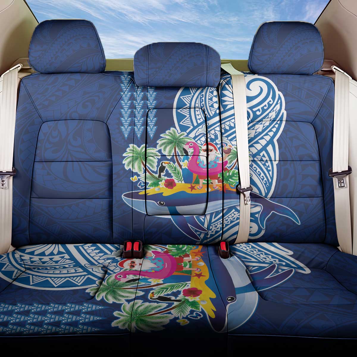 Hawaiian Mele Kalikimaka Back Car Seat Cover Funny Santa on Whale Island with Kakau Tattoos LT03 One Size Blue - Polynesian Pride