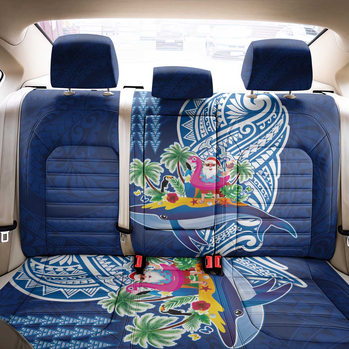 Hawaiian Mele Kalikimaka Back Car Seat Cover Funny Santa on Whale Island with Kakau Tattoos LT03 - Polynesian Pride