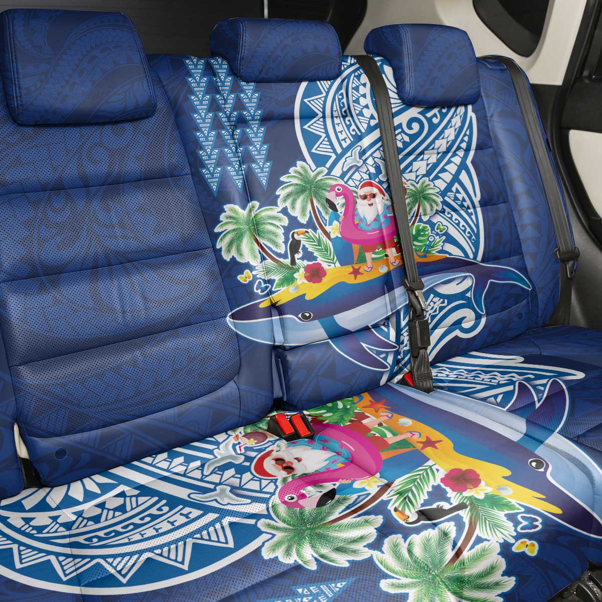 Hawaiian Mele Kalikimaka Back Car Seat Cover Funny Santa on Whale Island with Kakau Tattoos LT03 - Polynesian Pride