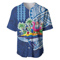 Hawaiian Mele Kalikimaka Baseball Jersey Funny Santa on Whale Island with Kakau Tattoos LT03 Blue - Polynesian Pride