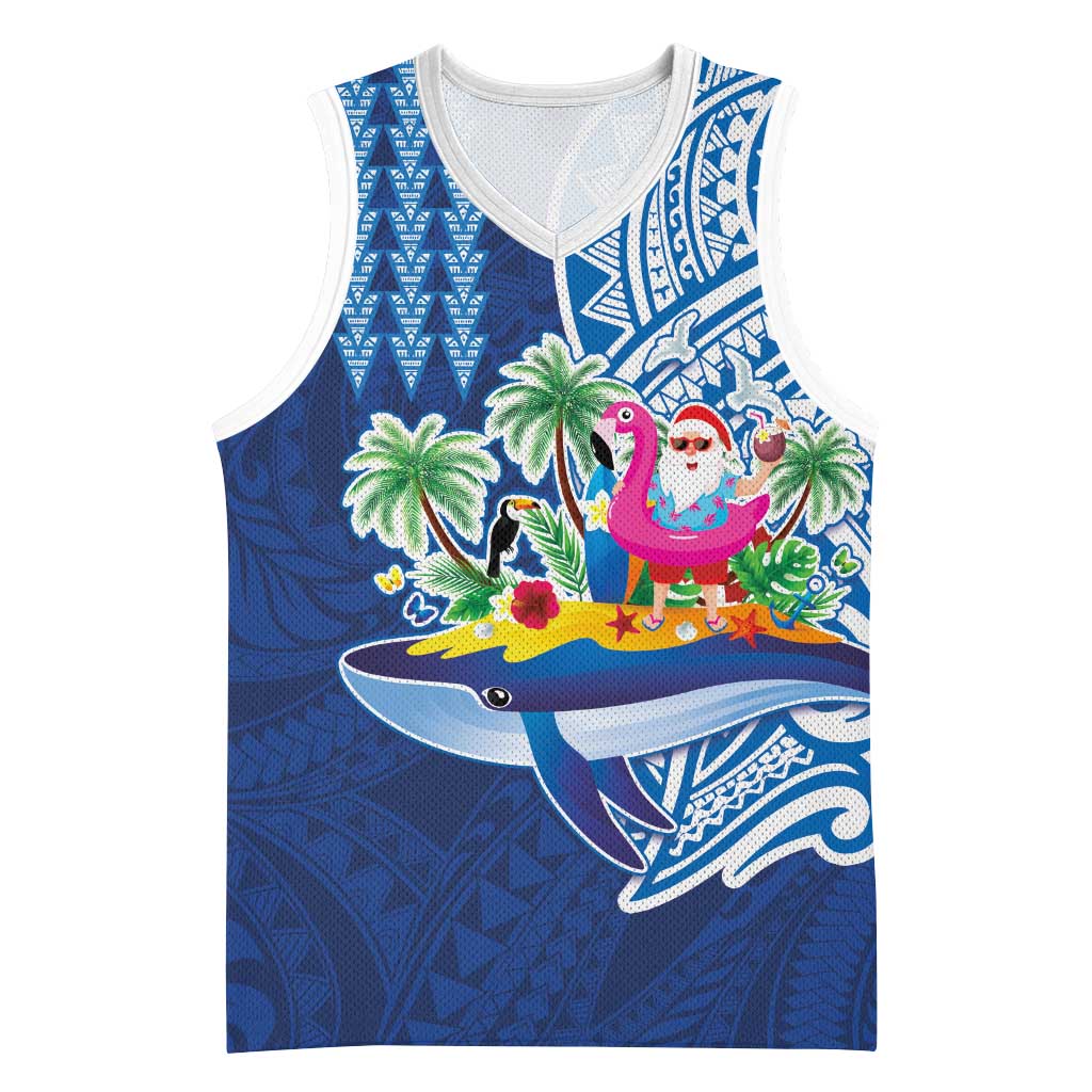 Hawaiian Mele Kalikimaka Basketball Jersey Funny Santa on Whale Island with Kakau Tattoos LT03 Unisex Blue - Polynesian Pride