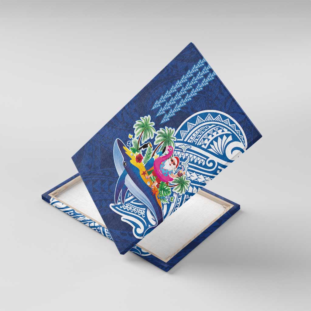 Hawaiian Mele Kalikimaka Canvas Wall Art Funny Santa on Whale Island with Kakau Tattoos LT03 With Frame Blue - Polynesian Pride