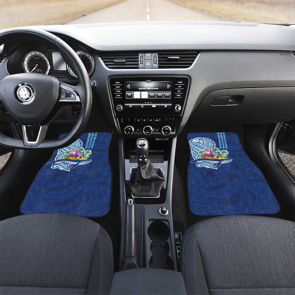 Hawaiian Mele Kalikimaka Car Mats Funny Santa on Whale Island with Kakau Tattoos LT03 Set 2pcs - Front Blue - Polynesian Pride