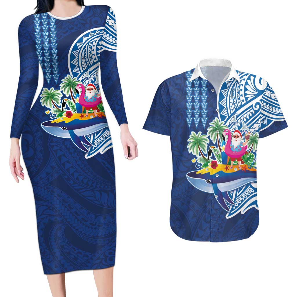 Hawaiian Mele Kalikimaka Couples Matching Long Sleeve Bodycon Dress and Hawaiian Shirt Funny Santa on Whale Island with Kakau Tattoos LT03 Blue - Polynesian Pride