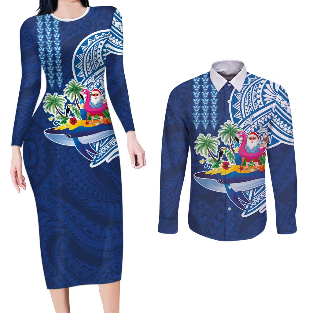 Hawaiian Mele Kalikimaka Couples Matching Long Sleeve Bodycon Dress and Long Sleeve Button Shirt Funny Santa on Whale Island with Kakau Tattoos LT03 Blue - Polynesian Pride