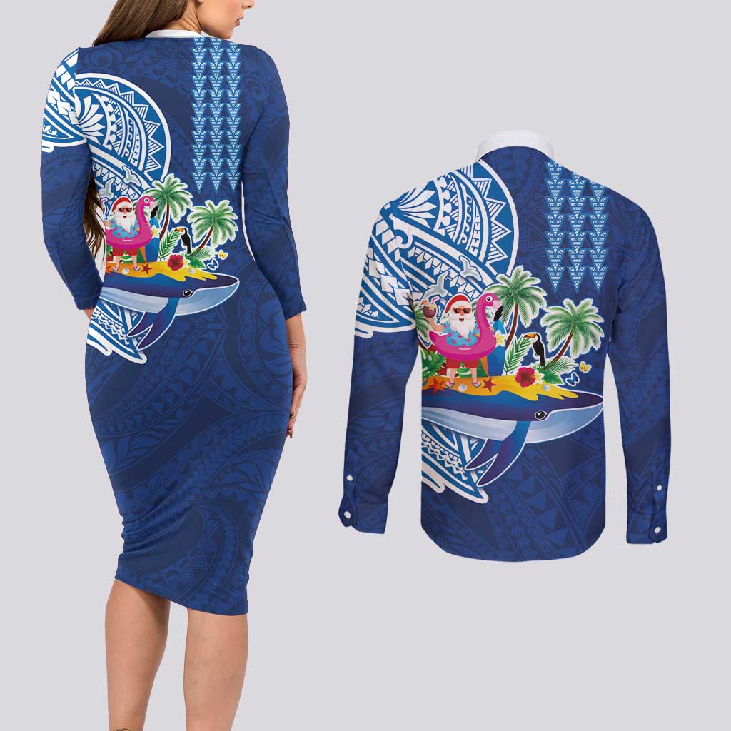Hawaiian Mele Kalikimaka Couples Matching Long Sleeve Bodycon Dress and Long Sleeve Button Shirt Funny Santa on Whale Island with Kakau Tattoos LT03 - Polynesian Pride