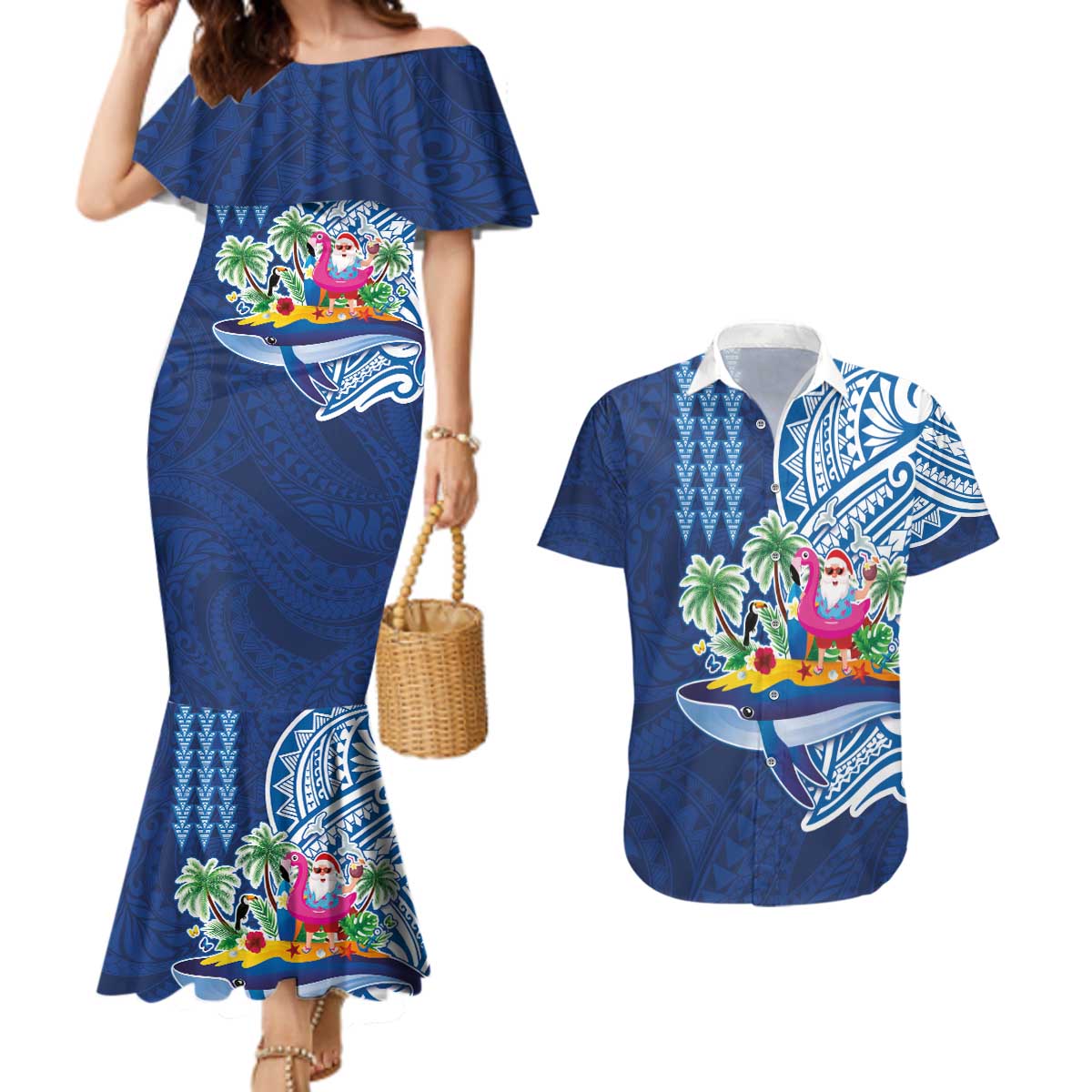 Hawaiian Mele Kalikimaka Couples Matching Mermaid Dress and Hawaiian Shirt Funny Santa on Whale Island with Kakau Tattoos LT03 Blue - Polynesian Pride
