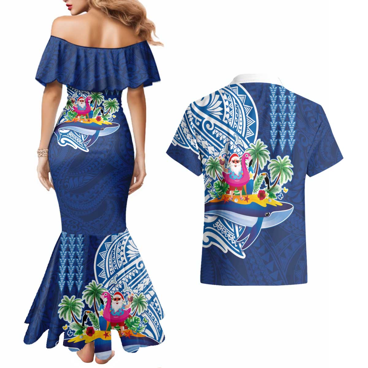 Hawaiian Mele Kalikimaka Couples Matching Mermaid Dress and Hawaiian Shirt Funny Santa on Whale Island with Kakau Tattoos LT03 - Polynesian Pride