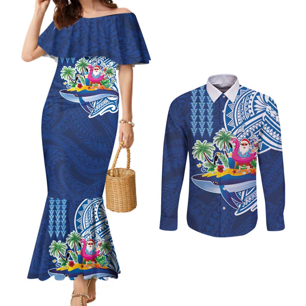 Hawaiian Mele Kalikimaka Couples Matching Mermaid Dress and Long Sleeve Button Shirt Funny Santa on Whale Island with Kakau Tattoos LT03 Blue - Polynesian Pride