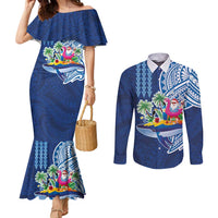 Hawaiian Mele Kalikimaka Couples Matching Mermaid Dress and Long Sleeve Button Shirt Funny Santa on Whale Island with Kakau Tattoos LT03 Blue - Polynesian Pride