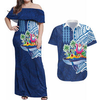 Hawaiian Mele Kalikimaka Couples Matching Off Shoulder Maxi Dress and Hawaiian Shirt Funny Santa on Whale Island with Kakau Tattoos LT03 Blue - Polynesian Pride