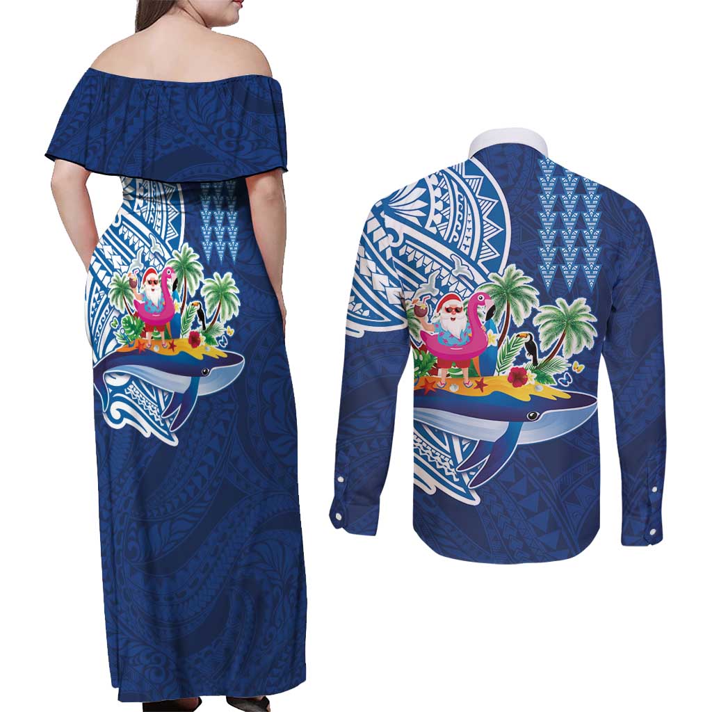 Hawaiian Mele Kalikimaka Couples Matching Off Shoulder Maxi Dress and Long Sleeve Button Shirt Funny Santa on Whale Island with Kakau Tattoos LT03 - Polynesian Pride