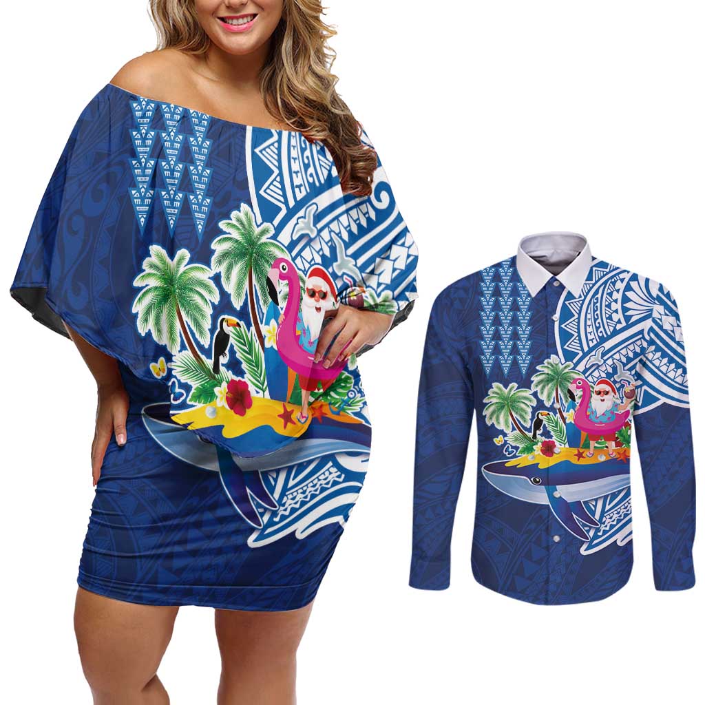Hawaiian Mele Kalikimaka Couples Matching Off Shoulder Short Dress and Long Sleeve Button Shirt Funny Santa on Whale Island with Kakau Tattoos LT03 Blue - Polynesian Pride