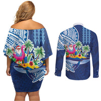 Hawaiian Mele Kalikimaka Couples Matching Off Shoulder Short Dress and Long Sleeve Button Shirt Funny Santa on Whale Island with Kakau Tattoos LT03 - Polynesian Pride