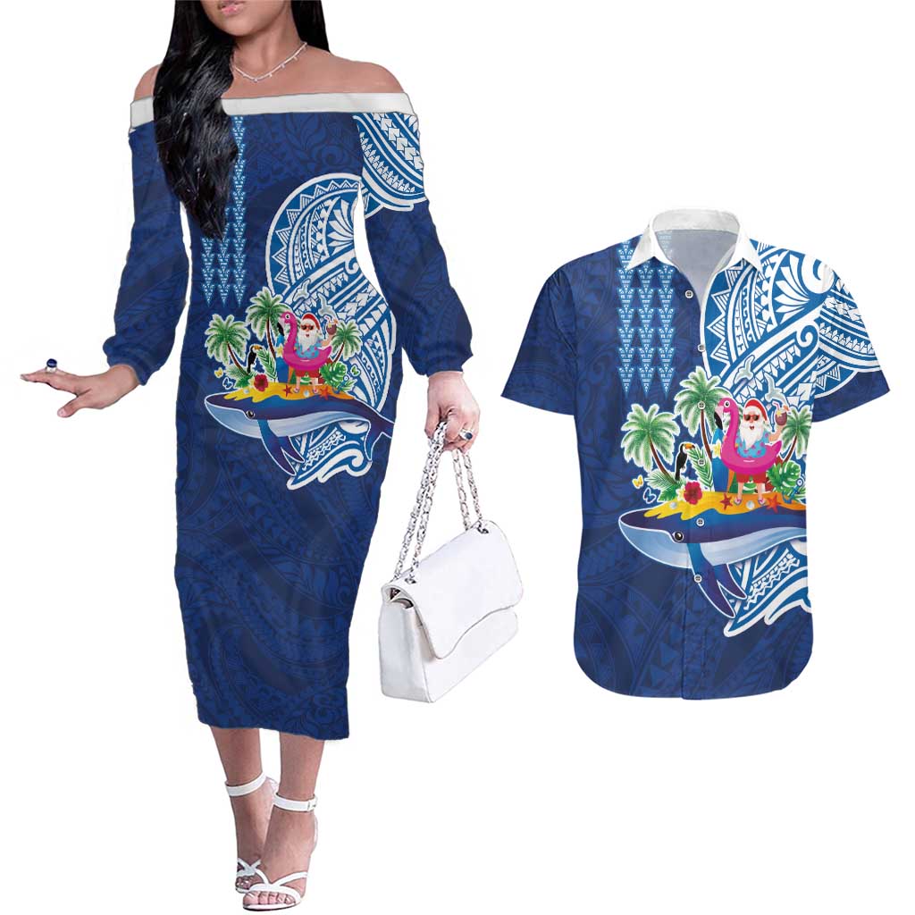 Hawaiian Mele Kalikimaka Couples Matching Off The Shoulder Long Sleeve Dress and Hawaiian Shirt Funny Santa on Whale Island with Kakau Tattoos LT03 Blue - Polynesian Pride