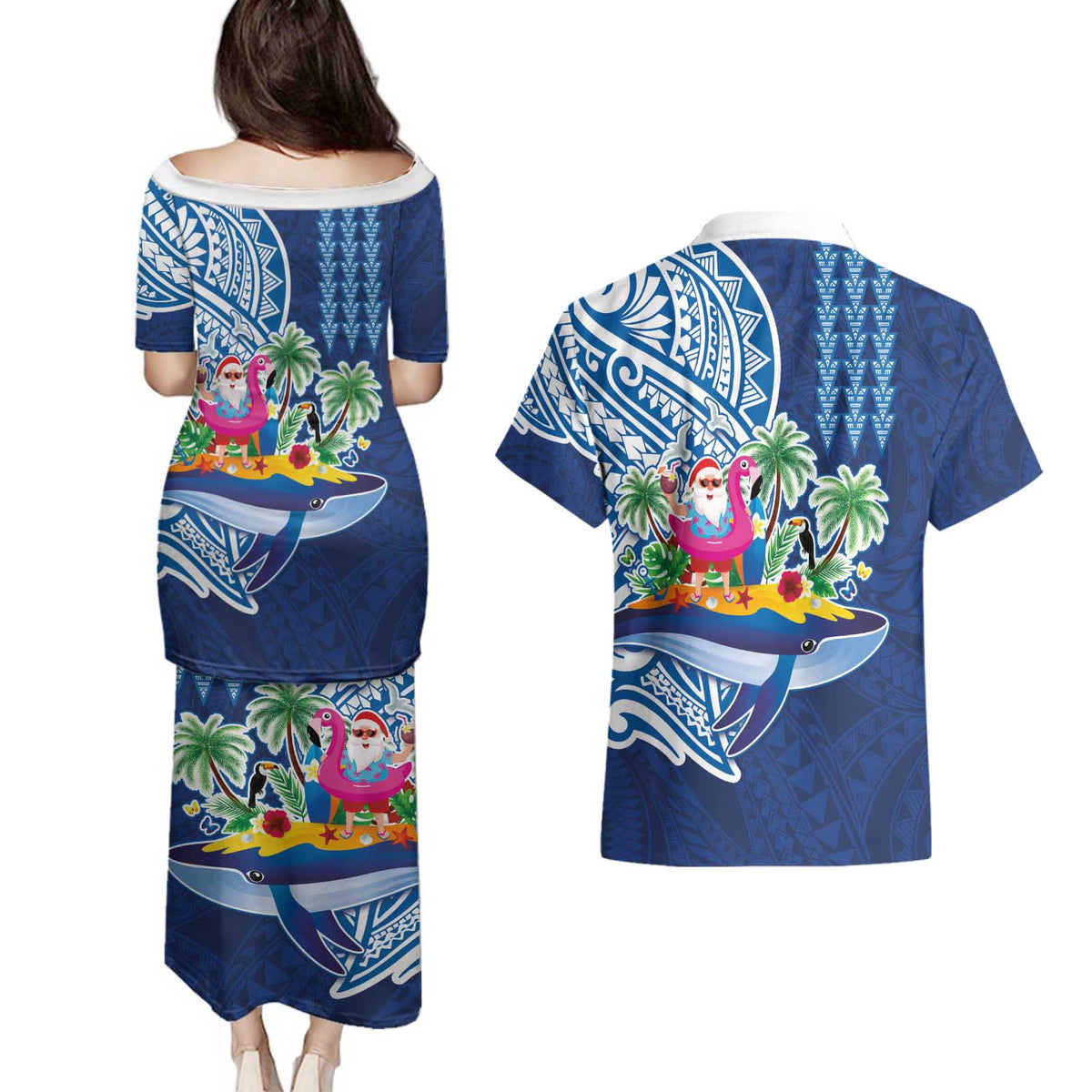 Hawaiian Mele Kalikimaka Couples Matching Puletasi and Hawaiian Shirt Funny Santa on Whale Island with Kakau Tattoos LT03 - Polynesian Pride