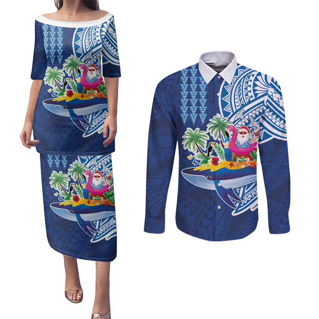Hawaiian Mele Kalikimaka Couples Matching Puletasi and Long Sleeve Button Shirt Funny Santa on Whale Island with Kakau Tattoos LT03 Blue - Polynesian Pride