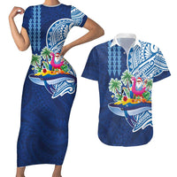 Hawaiian Mele Kalikimaka Couples Matching Short Sleeve Bodycon Dress and Hawaiian Shirt Funny Santa on Whale Island with Kakau Tattoos LT03 Blue - Polynesian Pride