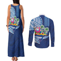 Hawaiian Mele Kalikimaka Couples Matching Tank Maxi Dress and Long Sleeve Button Shirt Funny Santa on Whale Island with Kakau Tattoos LT03 - Polynesian Pride