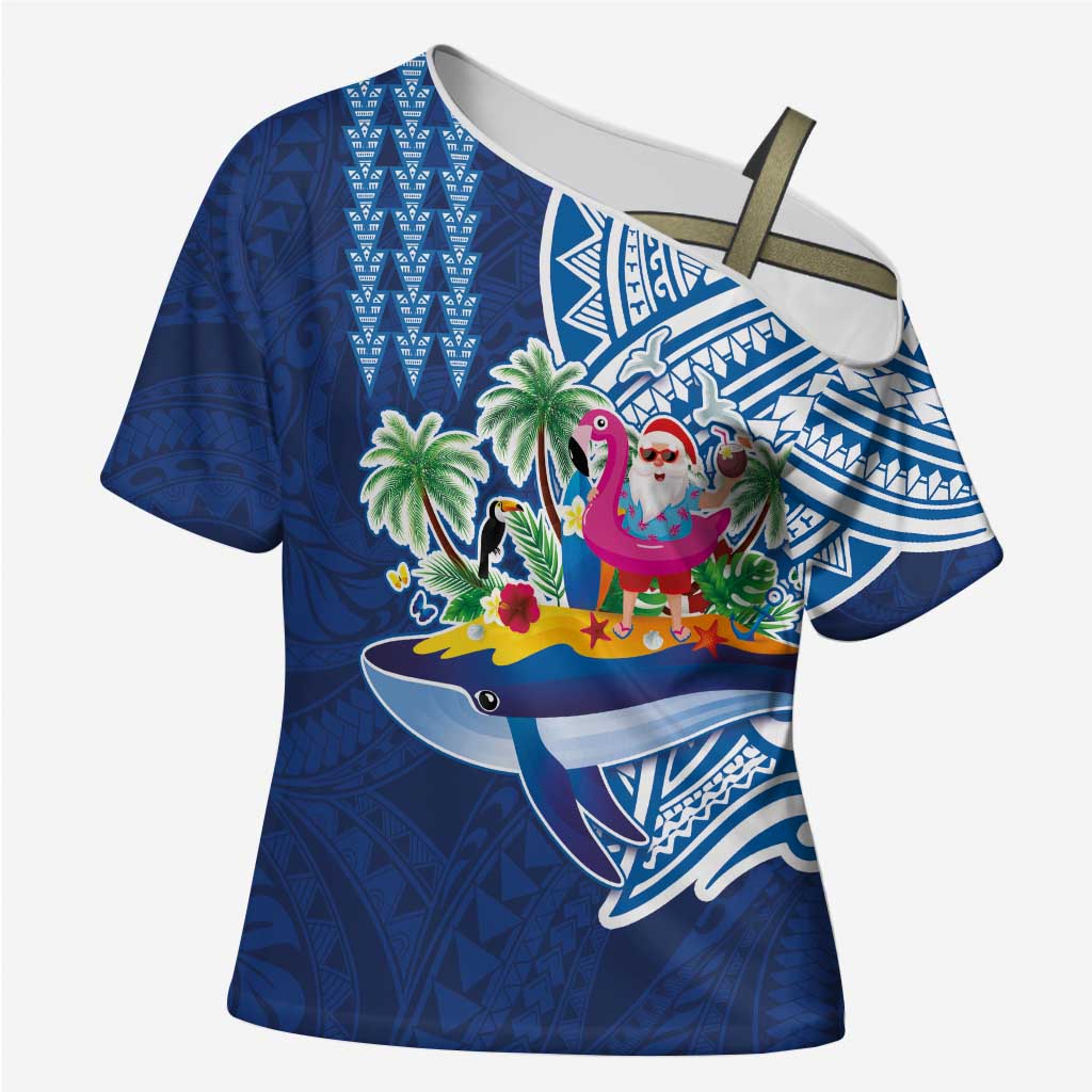 Hawaiian Mele Kalikimaka Cross Shoulder Shirt Funny Santa on Whale Island with Kakau Tattoos LT03 Female Blue - Polynesian Pride