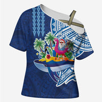 Hawaiian Mele Kalikimaka Cross Shoulder Shirt Funny Santa on Whale Island with Kakau Tattoos LT03 Female Blue - Polynesian Pride