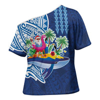 Hawaiian Mele Kalikimaka Cross Shoulder Shirt Funny Santa on Whale Island with Kakau Tattoos LT03 - Polynesian Pride