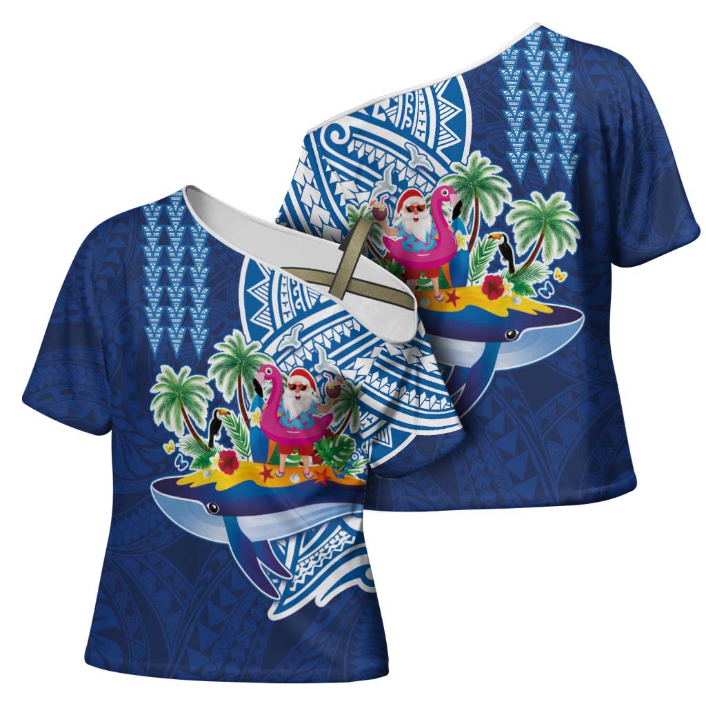 Hawaiian Mele Kalikimaka Cross Shoulder Shirt Funny Santa on Whale Island with Kakau Tattoos LT03 - Polynesian Pride