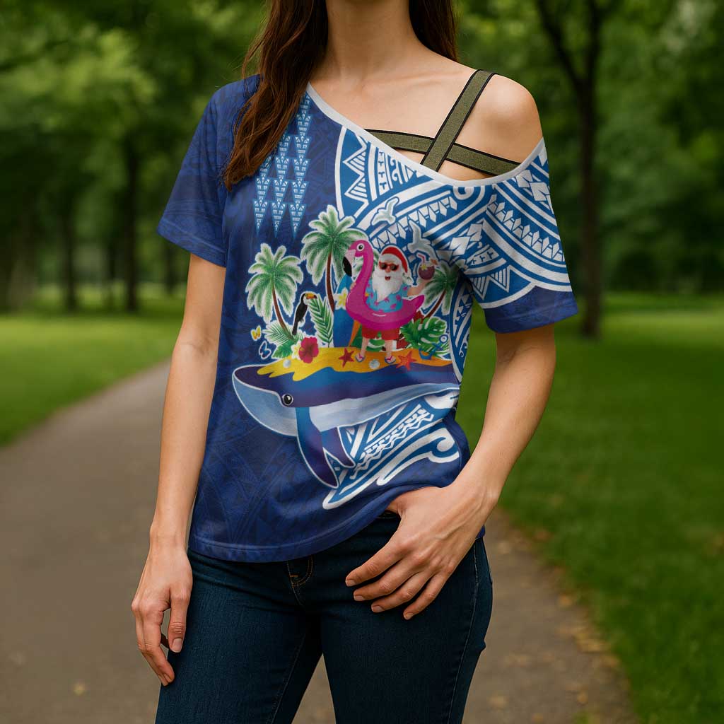 Hawaiian Mele Kalikimaka Cross Shoulder Shirt Funny Santa on Whale Island with Kakau Tattoos LT03 - Polynesian Pride