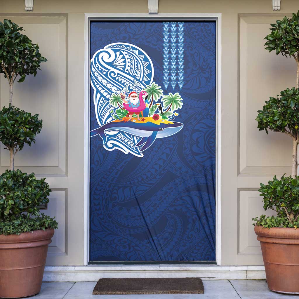 Hawaiian Mele Kalikimaka Door Cover Funny Santa on Whale Island with Kakau Tattoos LT03 Blue - Polynesian Pride