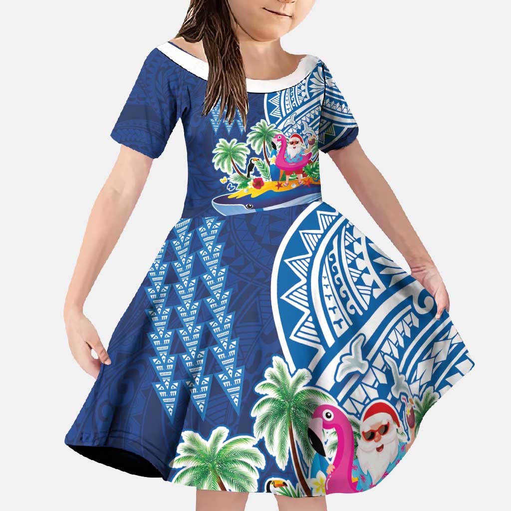 Hawaiian Mele Kalikimaka Family Matching Long Sleeve Bodycon Dress and Hawaiian Shirt Funny Santa on Whale Island with Kakau Tattoos LT03 Daughter's Dress Blue - Polynesian Pride