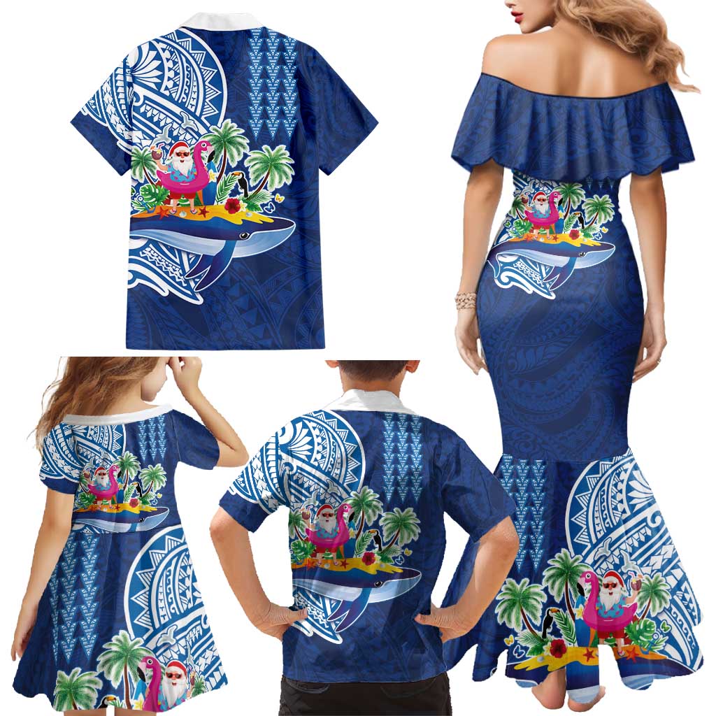 Hawaiian Mele Kalikimaka Family Matching Mermaid Dress and Hawaiian Shirt Funny Santa on Whale Island with Kakau Tattoos LT03 - Polynesian Pride