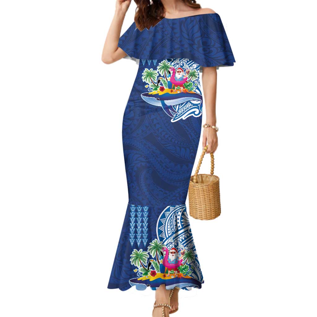 Hawaiian Mele Kalikimaka Family Matching Mermaid Dress and Hawaiian Shirt Funny Santa on Whale Island with Kakau Tattoos LT03 Mom's Dress Blue - Polynesian Pride