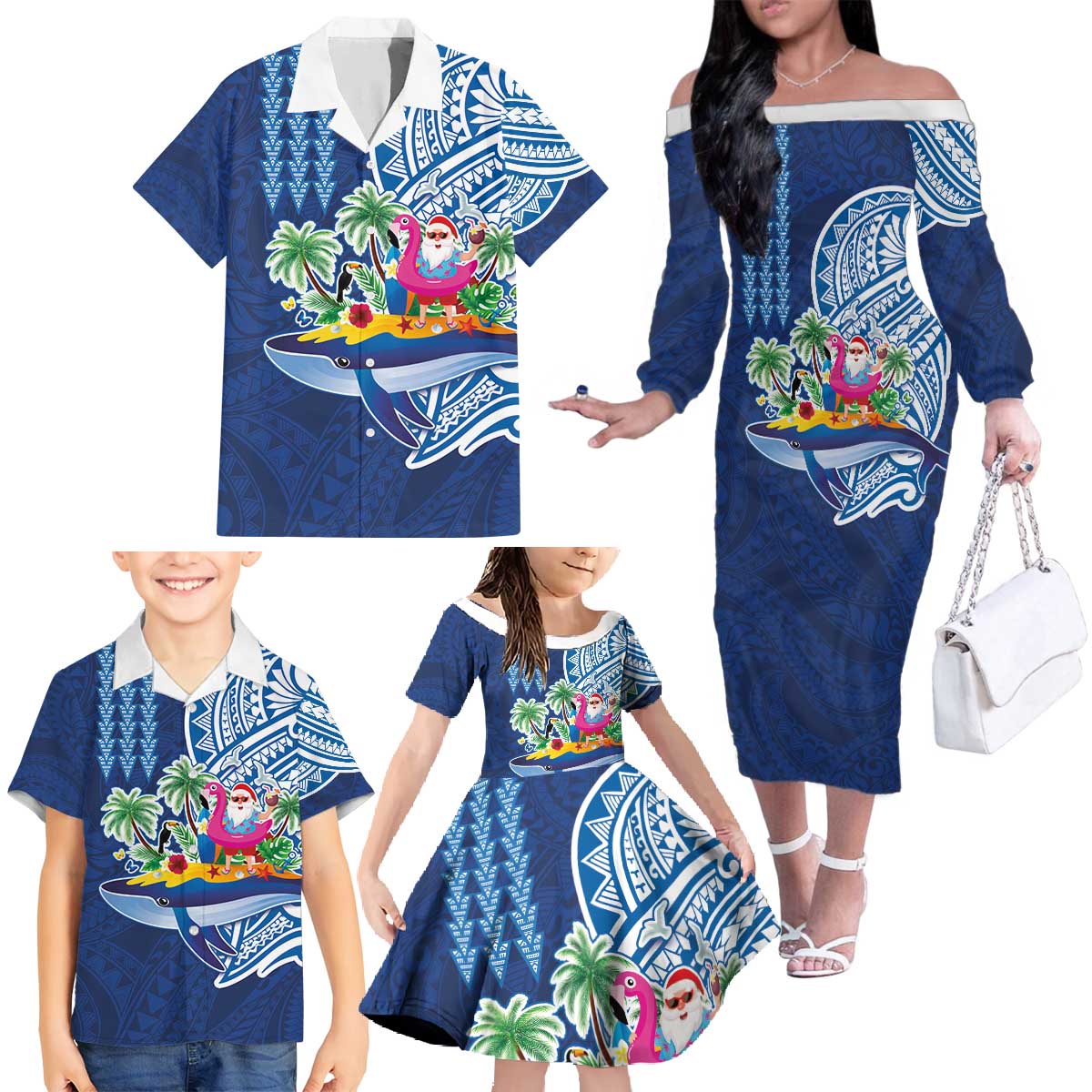 Hawaiian Mele Kalikimaka Family Matching Off The Shoulder Long Sleeve Dress and Hawaiian Shirt Funny Santa on Whale Island with Kakau Tattoos LT03 - Polynesian Pride