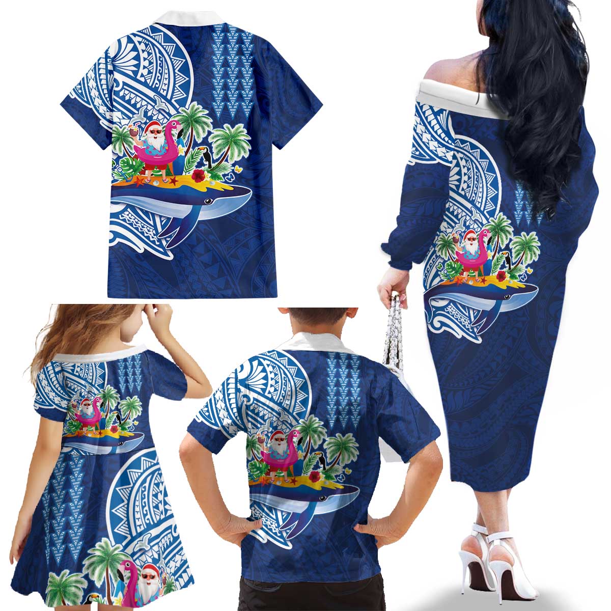 Hawaiian Mele Kalikimaka Family Matching Off The Shoulder Long Sleeve Dress and Hawaiian Shirt Funny Santa on Whale Island with Kakau Tattoos LT03 - Polynesian Pride