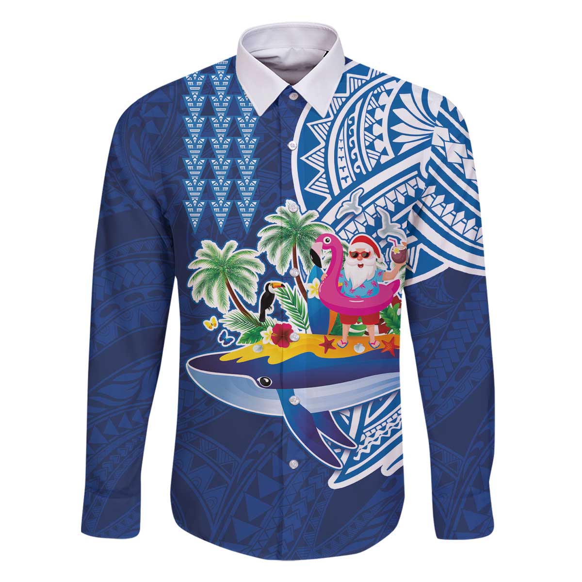 Hawaiian Mele Kalikimaka Family Matching Off The Shoulder Long Sleeve Dress and Hawaiian Shirt Funny Santa on Whale Island with Kakau Tattoos LT03 Dad's Shirt - Long Sleeve Blue - Polynesian Pride