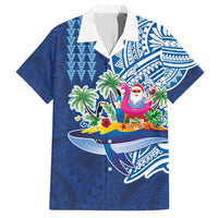 Hawaiian Mele Kalikimaka Family Matching Off Shoulder Maxi Dress and Hawaiian Shirt Funny Santa on Whale Island with Kakau Tattoos LT03 Dad's Shirt - Short Sleeve Blue - Polynesian Pride